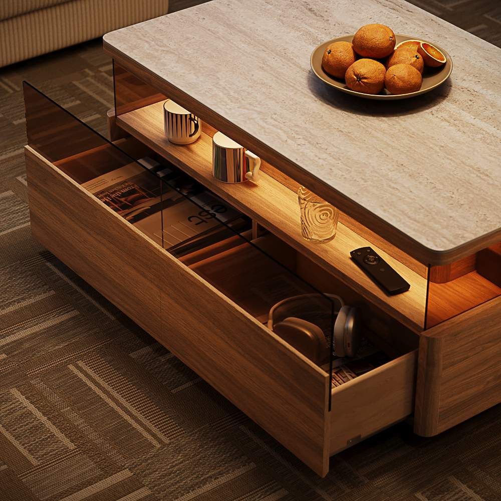 with LED Light Walnut Color Sintered Stone Coffee Tables