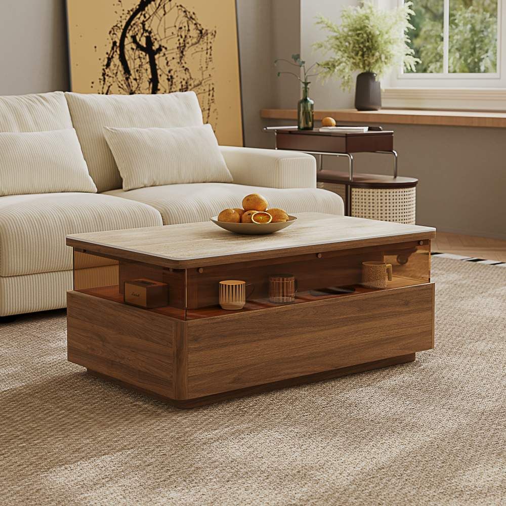Fully Assemble Walnut Color Sintered Stone Coffee Tables