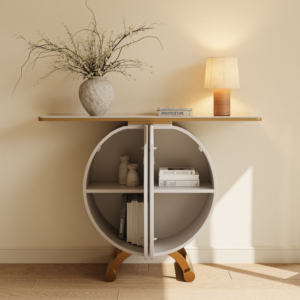 Sintered Stone White & Golden Engineered Wood Console Tables