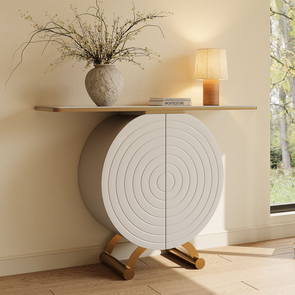 Sintered Stone White & Golden Engineered Wood Console Tables