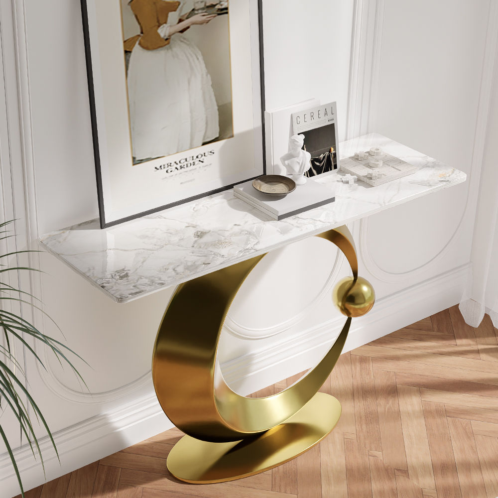 Metal Base White & Gold Sintered Stone Console Tables