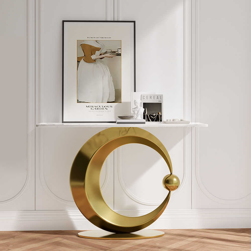 Rectangular White & Gold Sintered Stone Console Tables