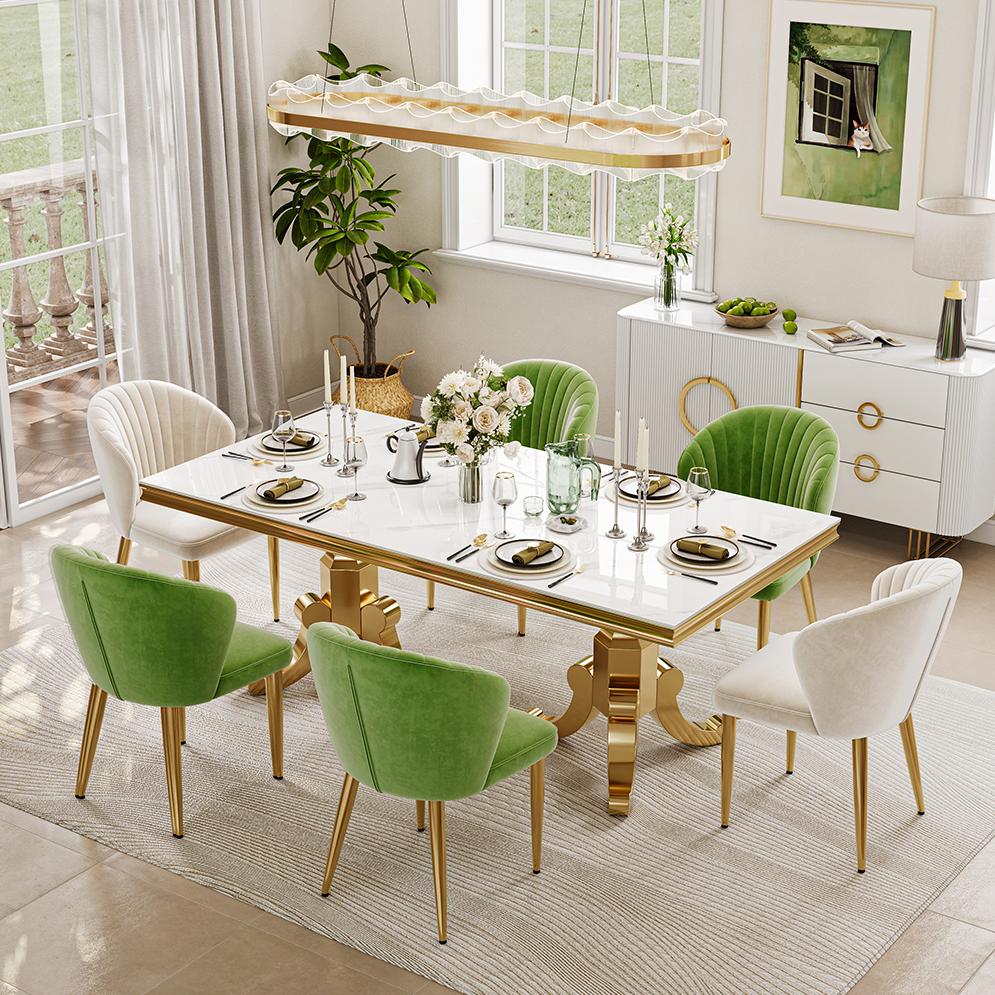 Stainless Steel Beige & Gold Flannel Dining Chairs
