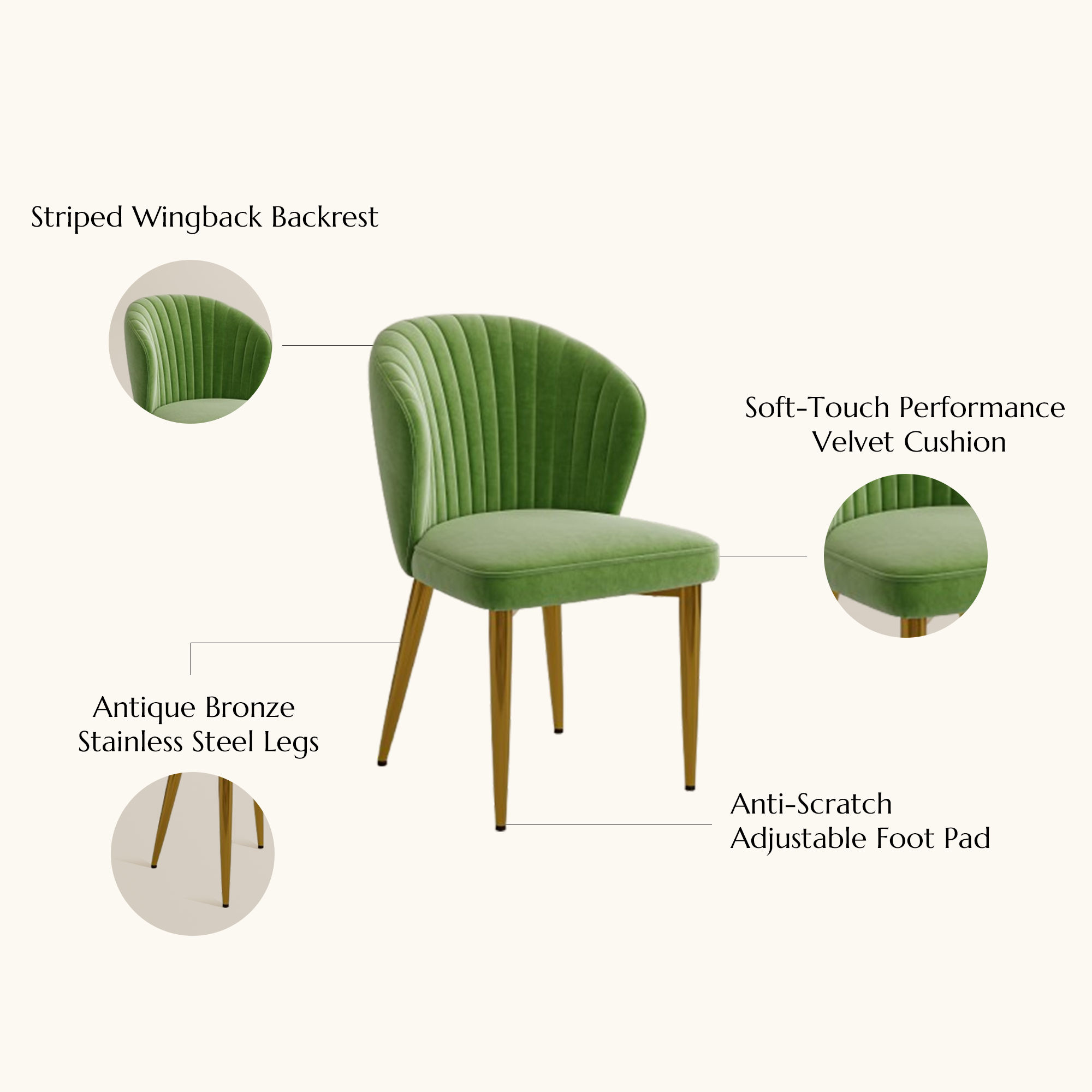 Stainless Steel Green & Gold Velvet Dining Chairs
