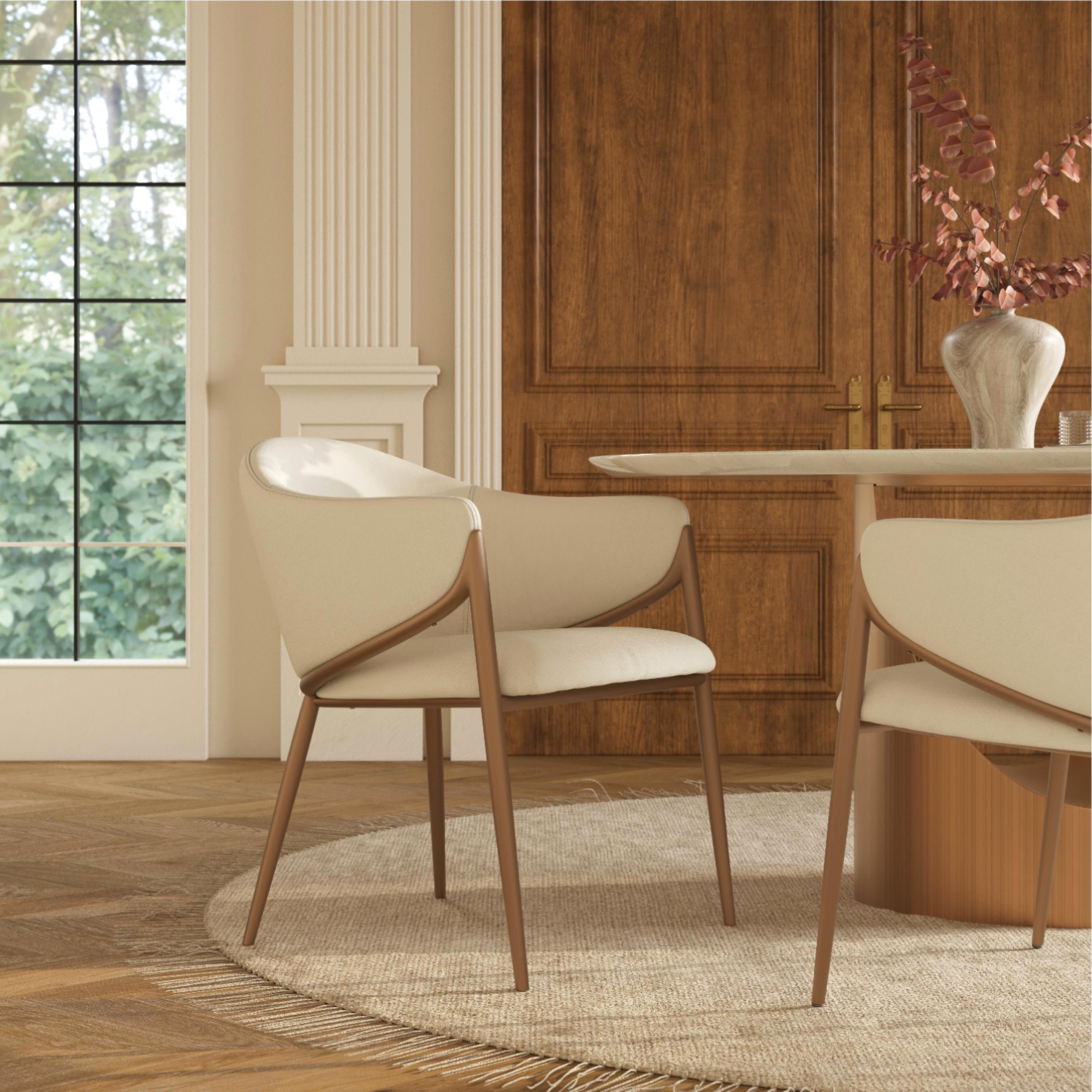 Mid Century Modern Beige & Bronze PU Leather Dining Chairs