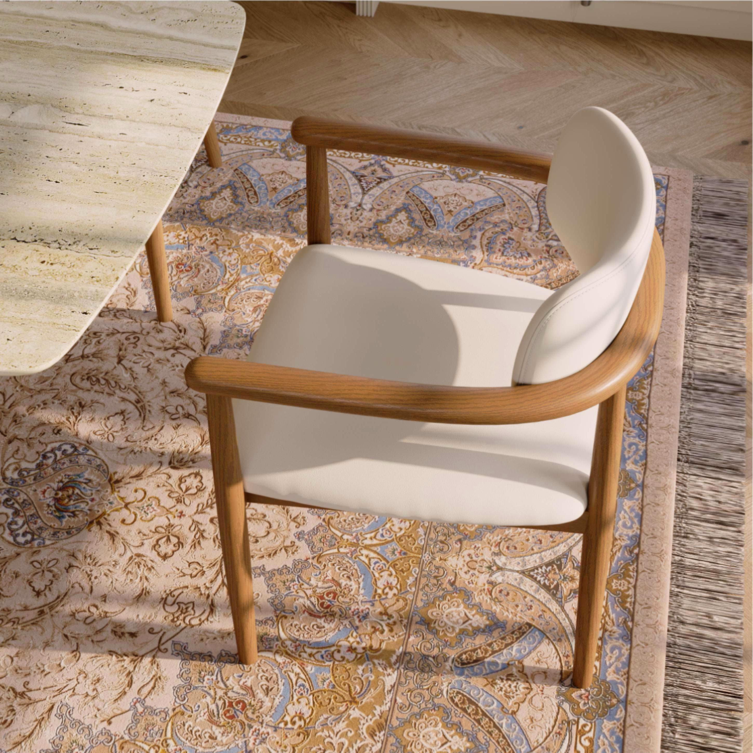 Mid Century Modern Beige & Light Walnut Cotton Linen Dining Chairs
