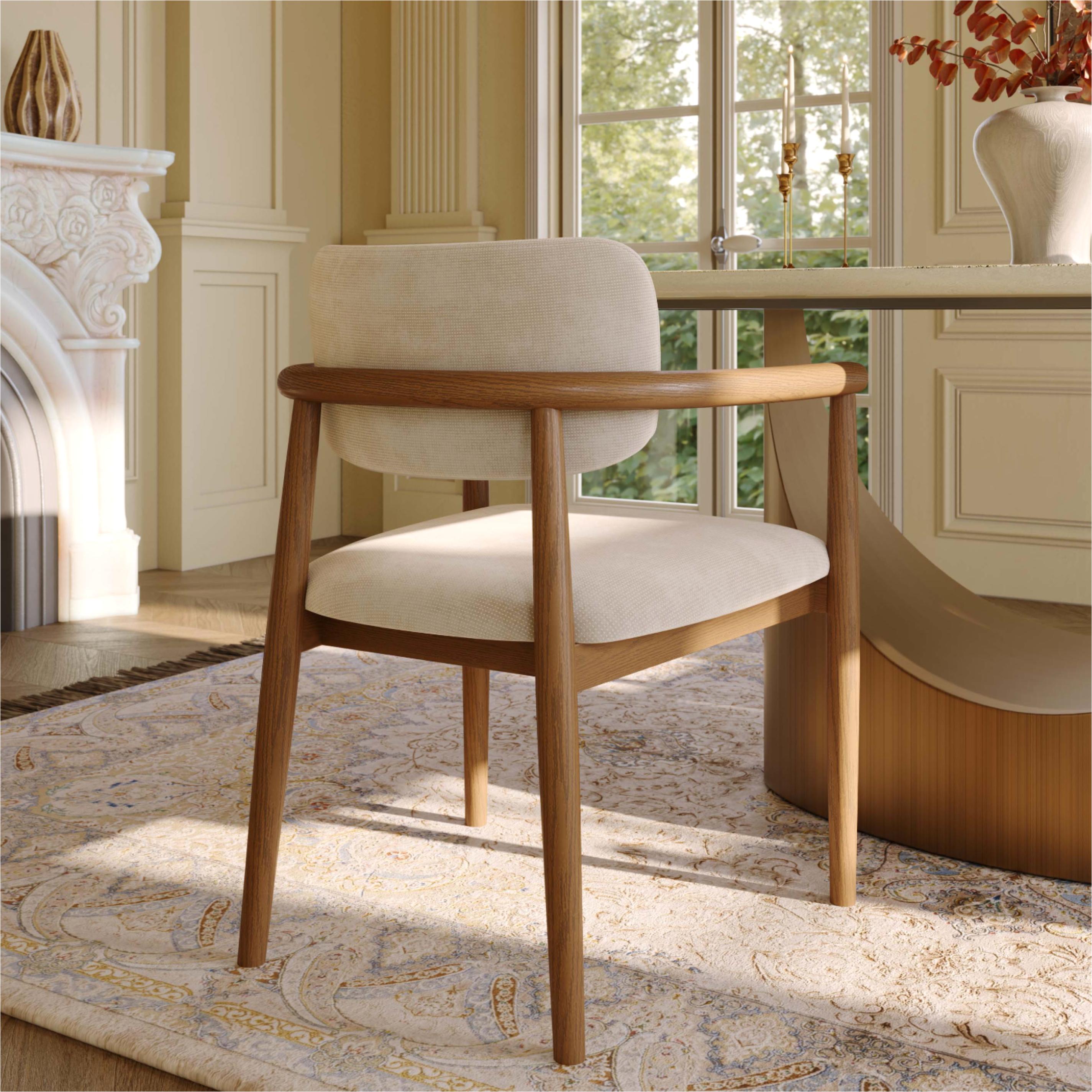 PU Leather Beige & Light Walnut Cotton Linen Dining Chairs