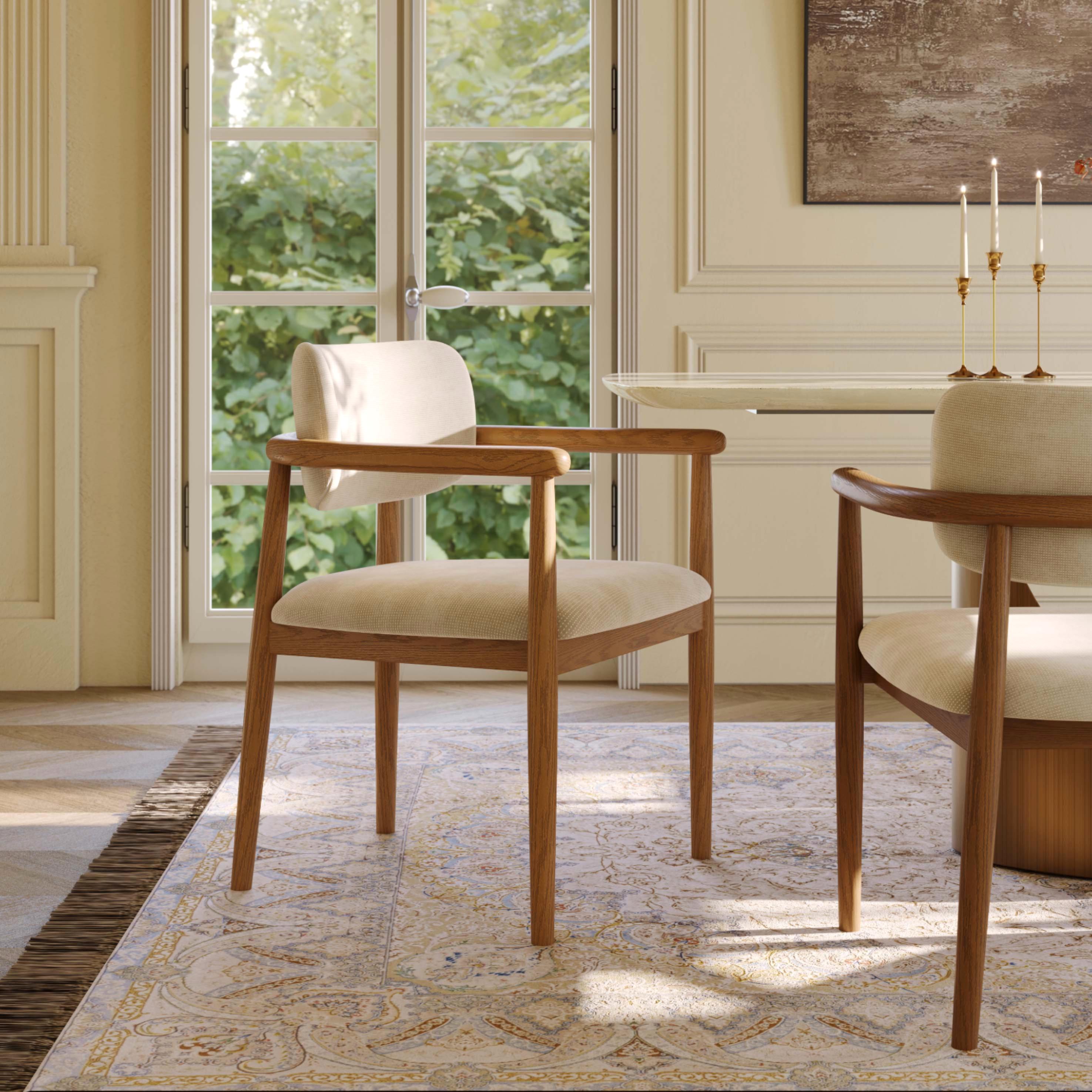 Armchairs Beige & Light Walnut Cotton Linen Dining Chairs