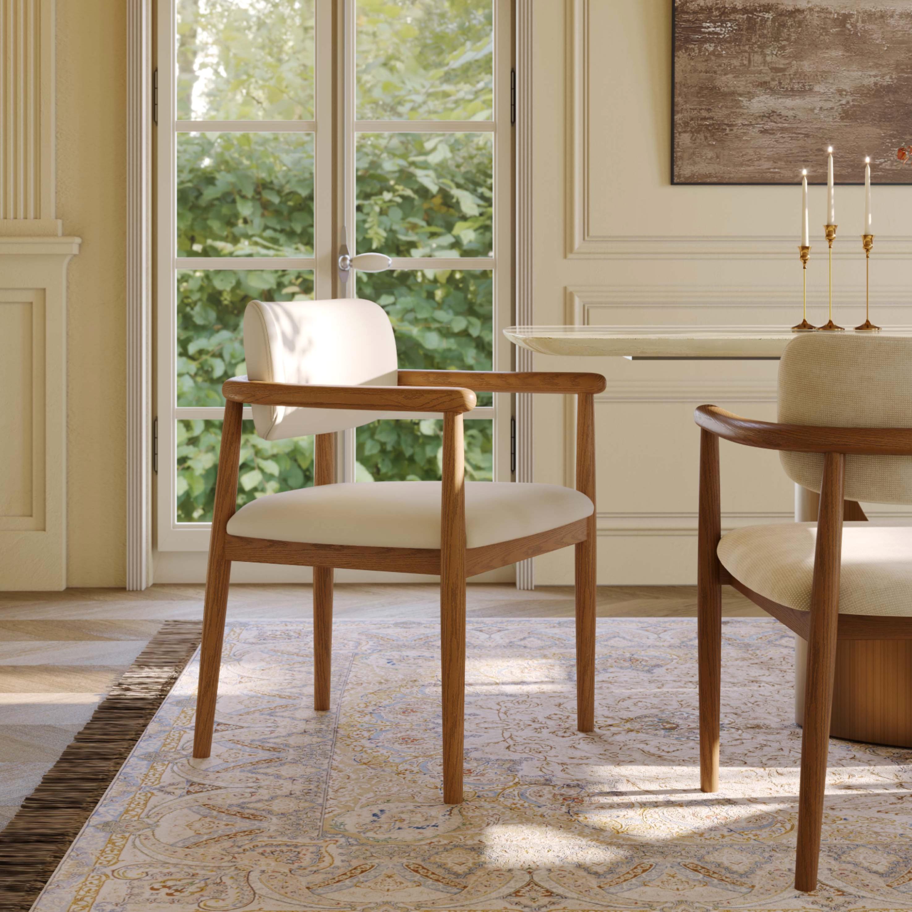 Cotton Linen Beige & Light Walnut PU Leather Dining Chairs