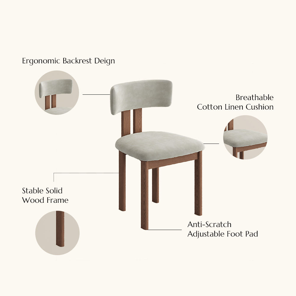 Mid Century Modern Beige & Light Walnut Cotton Linen Dining Chairs