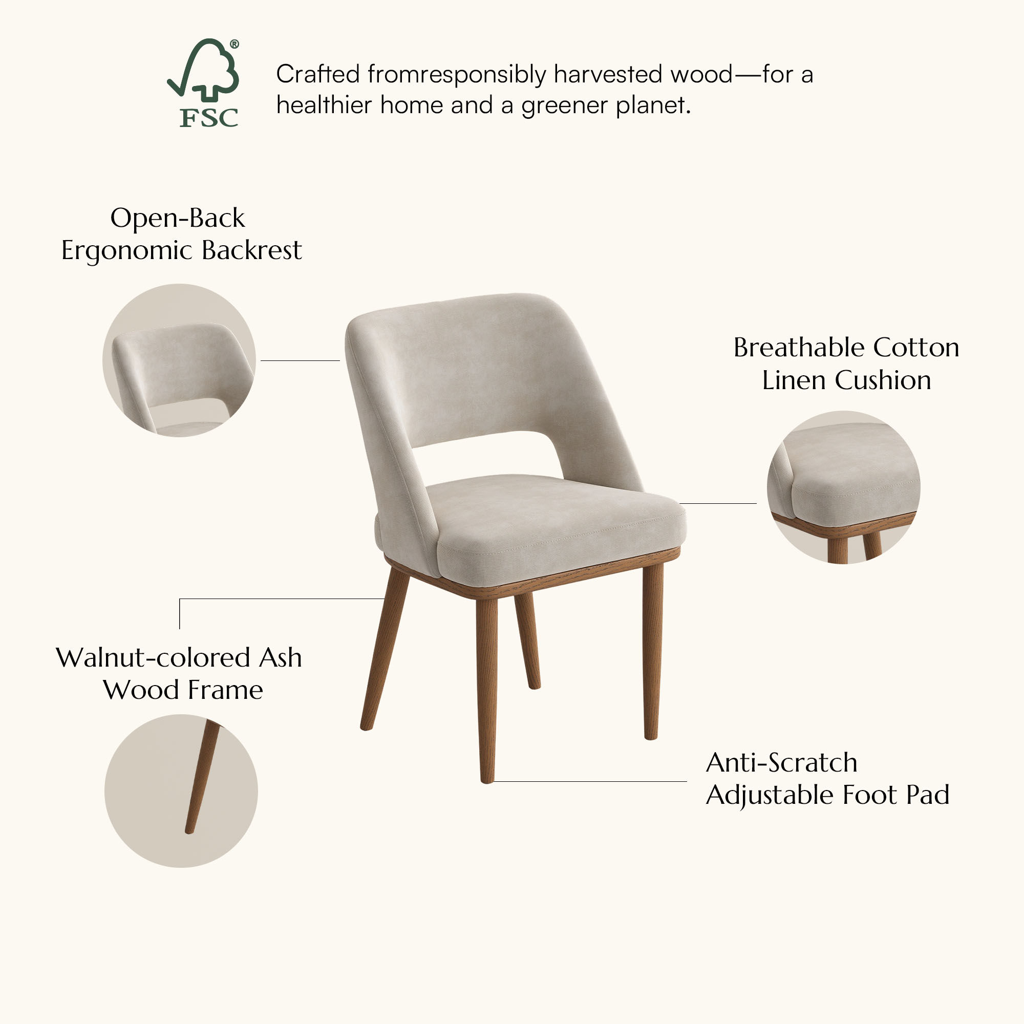 Mid Century Modern Beige & Light Walnut Cotton Linen Dining Chairs