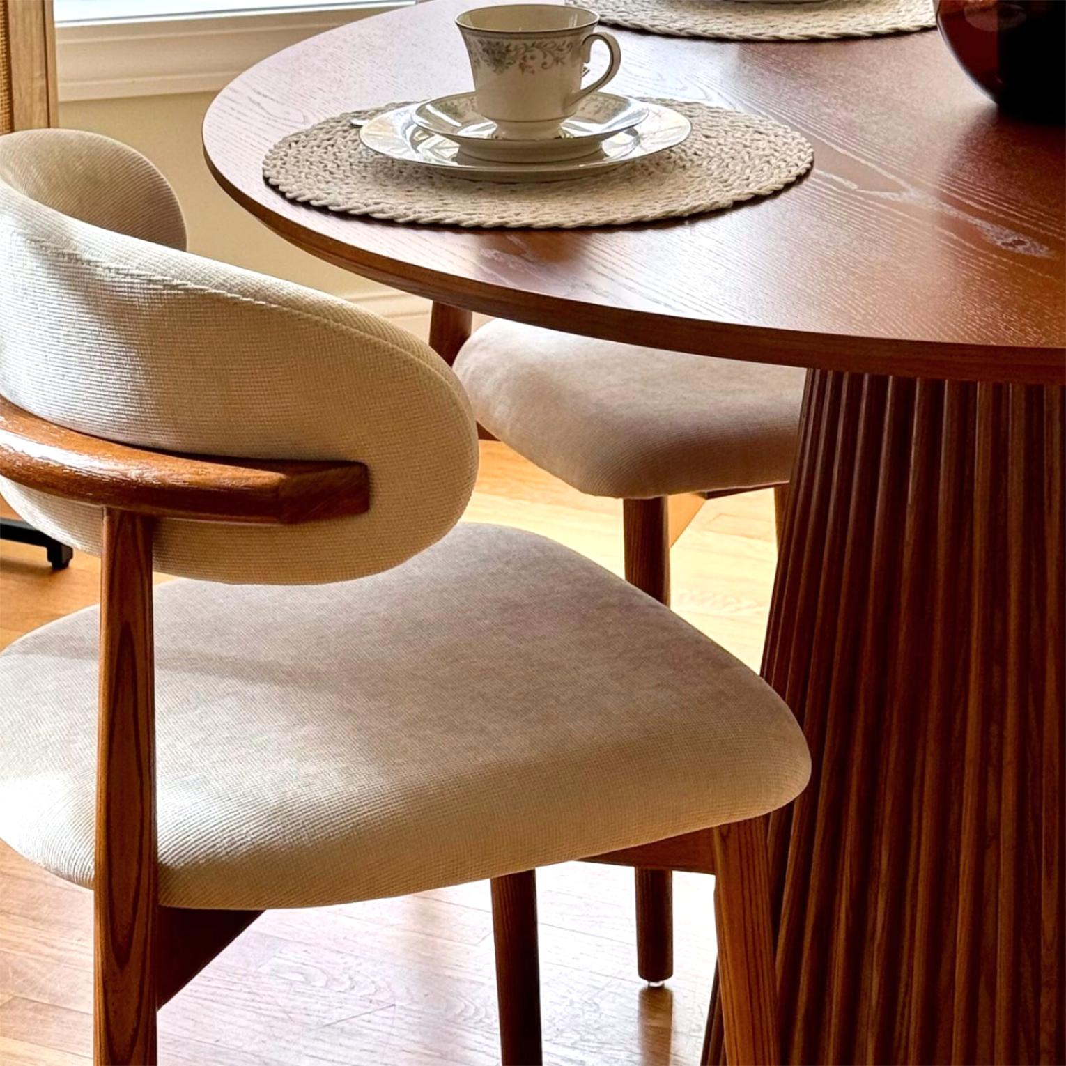 PU Leather Beige & Light Walnut Cotton Linen Dining Chairs