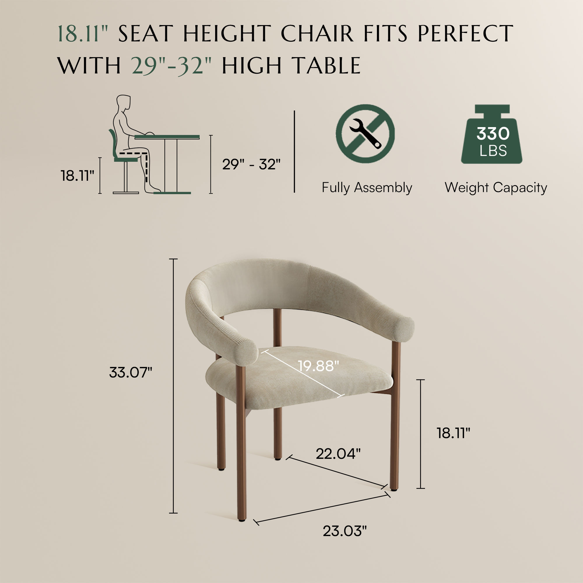 Green Beige & Bronze Cotton Linen Dining Chairs