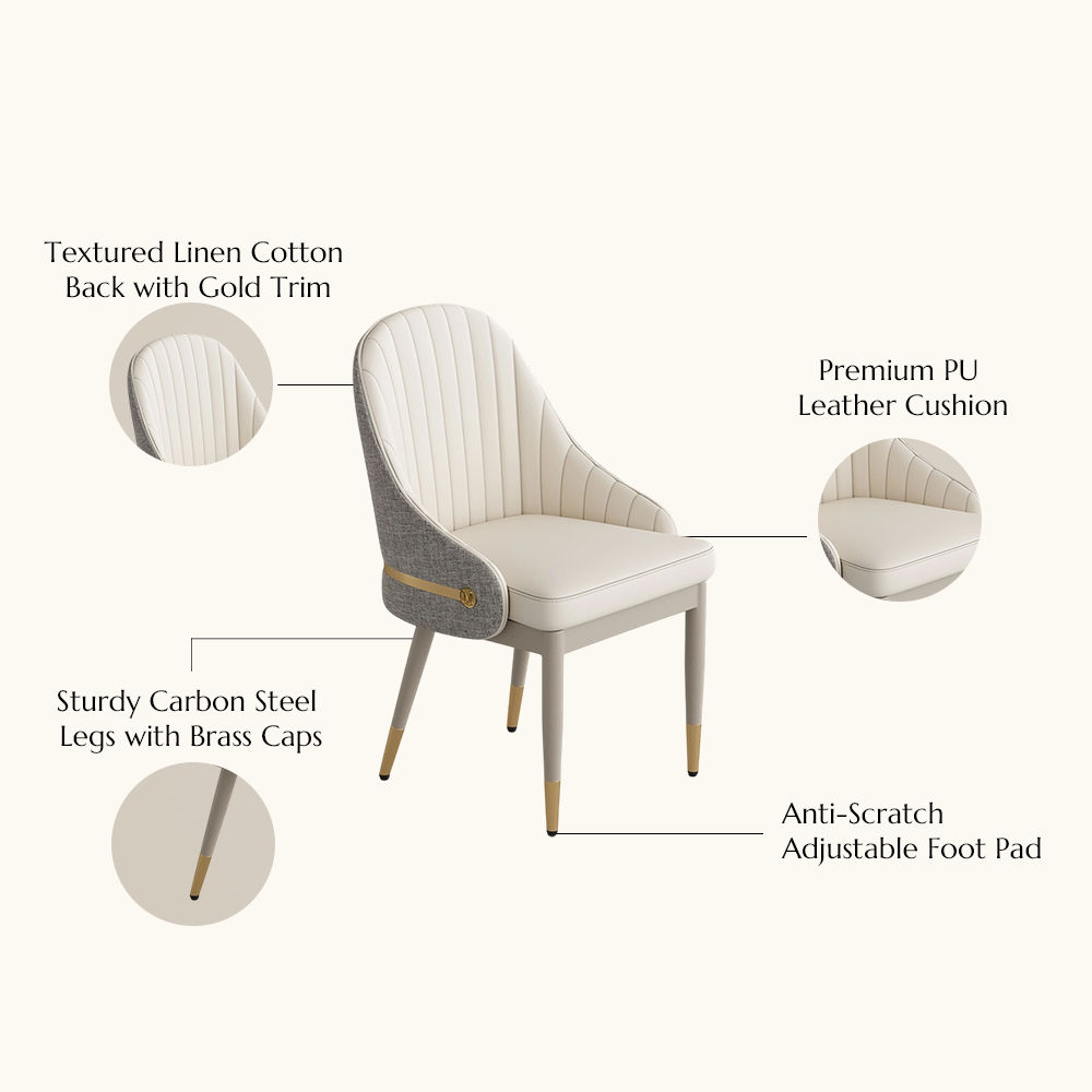 Two-Tone Upholstery Beige & Gray PU Leather & Cotton Linen Dining Chairs