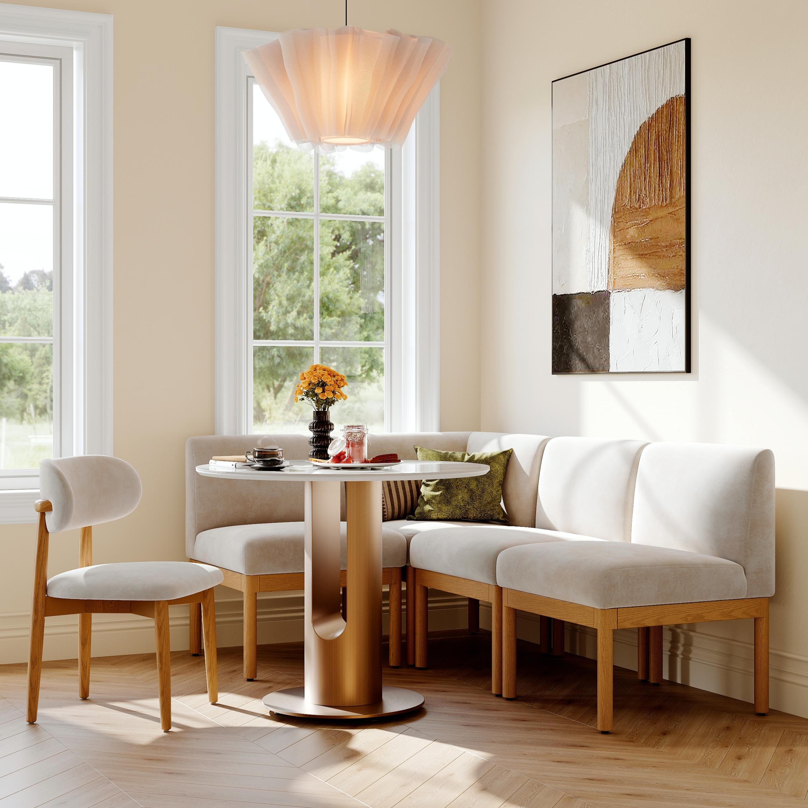 Beige Beige & Light Walnut Cotton Linen & Ash Wood Dining Chairs