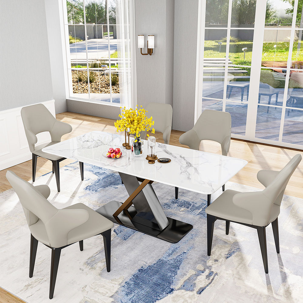 Metal Leg Light Gray Leather Dining Chairs