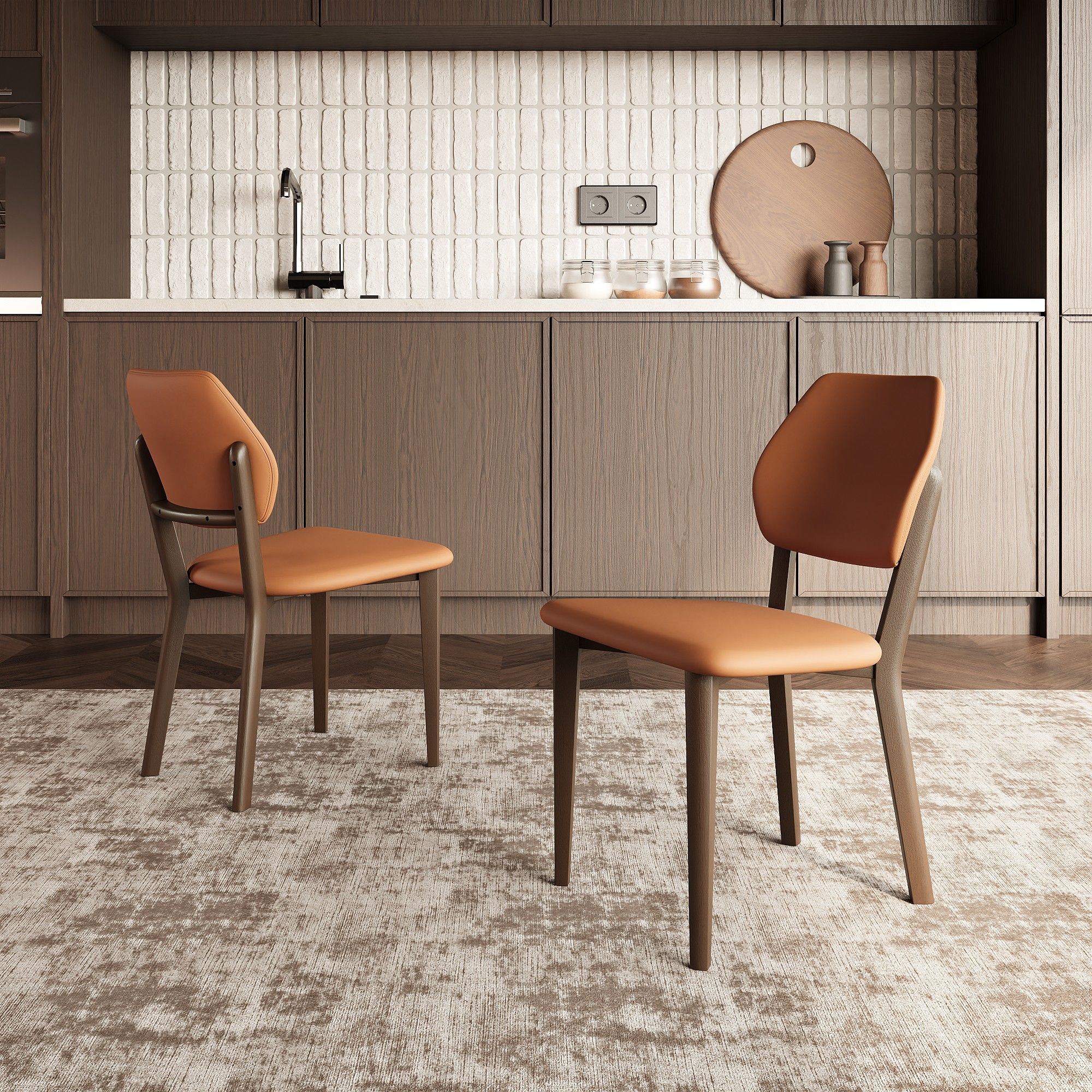 Mid Century Modern Orange PU Leather Dining Chairs