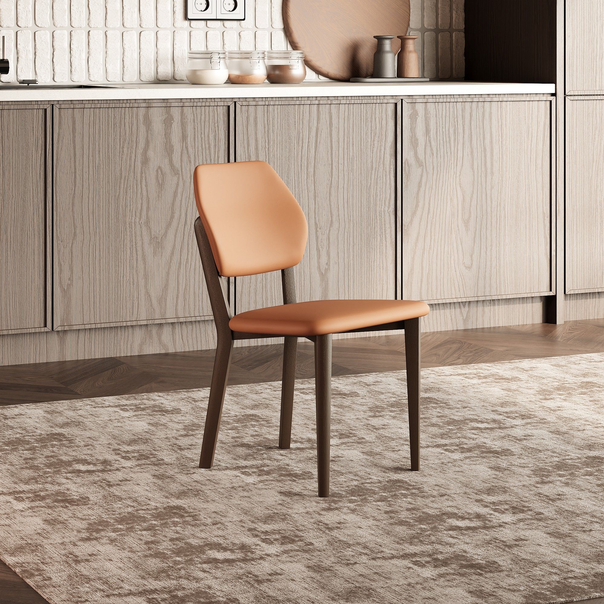 Solid Wood Leg Orange PU Leather Dining Chairs