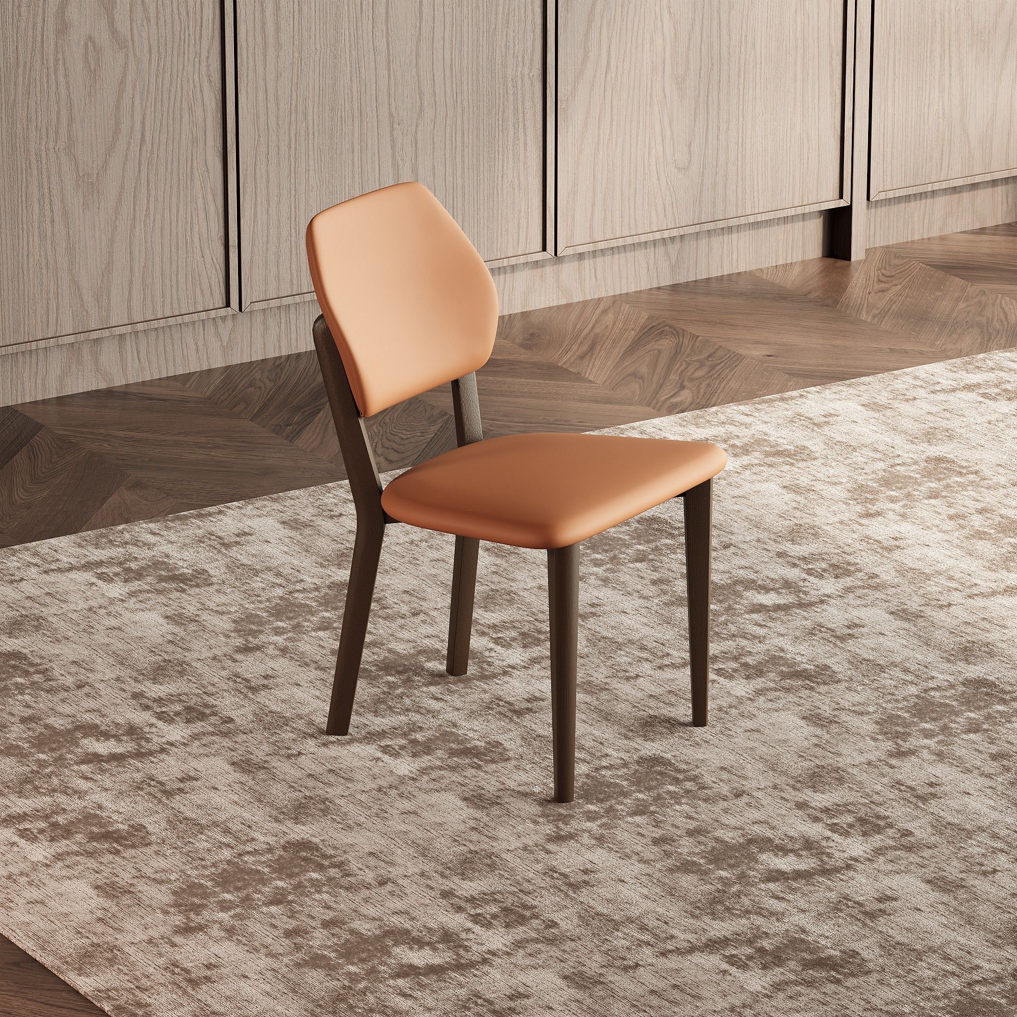 Solid Wood Leg Orange PU Leather Dining Chairs