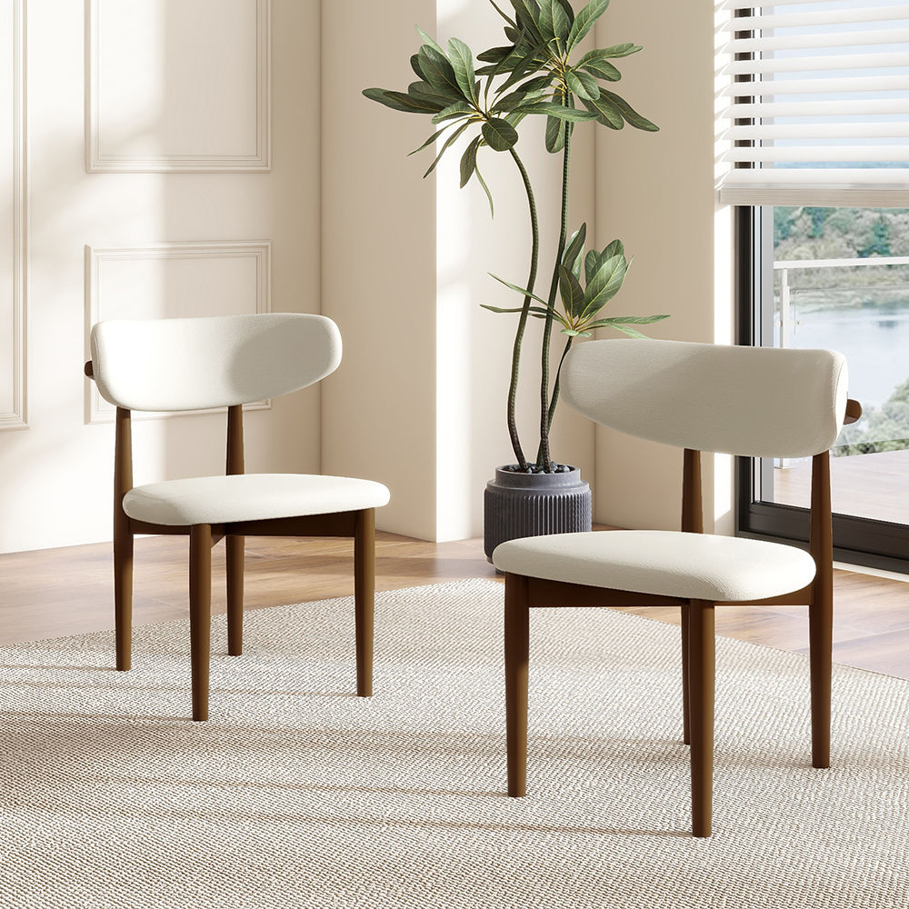 Mid Century Modern White & Walnut Linen Dining Chairs