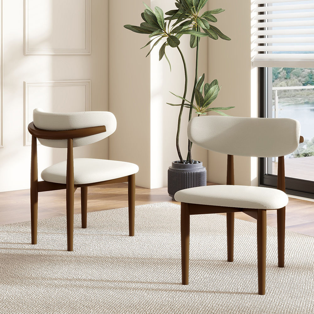 Wood Leg White & Walnut Linen Dining Chairs