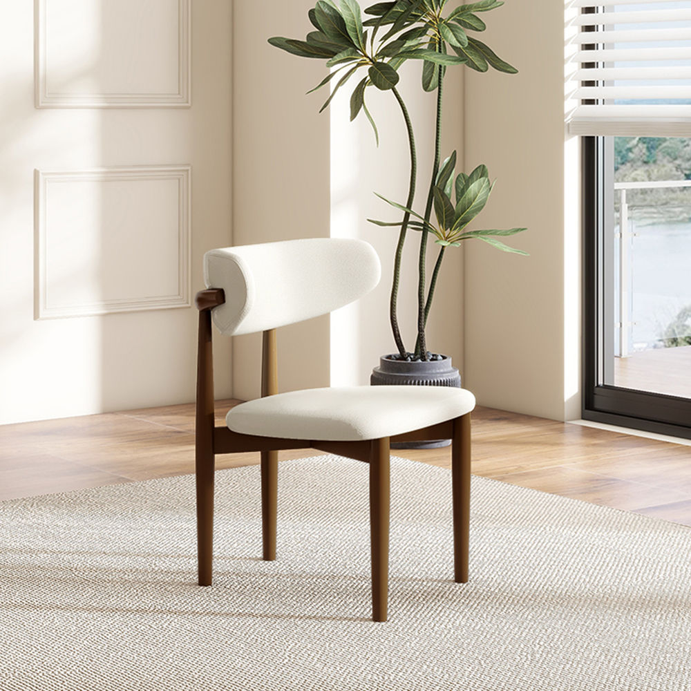 Mid Century Modern White & Walnut Linen Dining Chairs