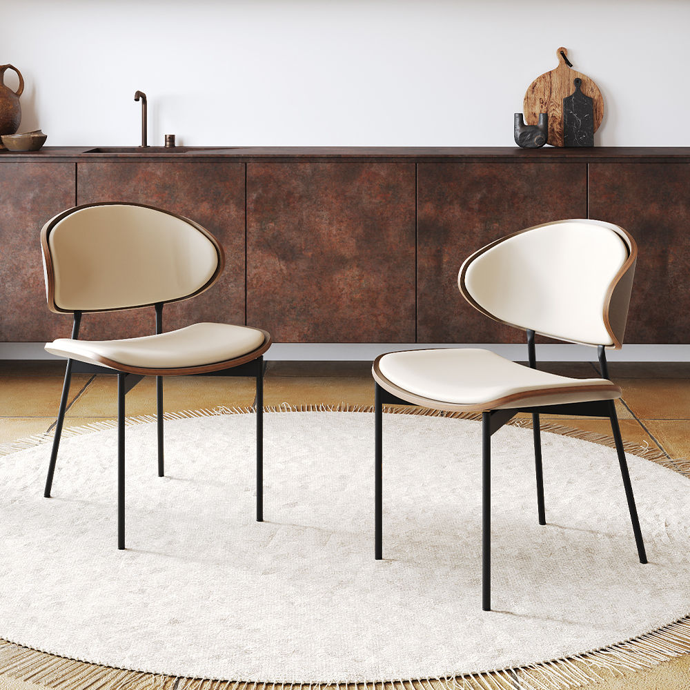 2 Seaters White & Walnut PU Leather Dining Chairs