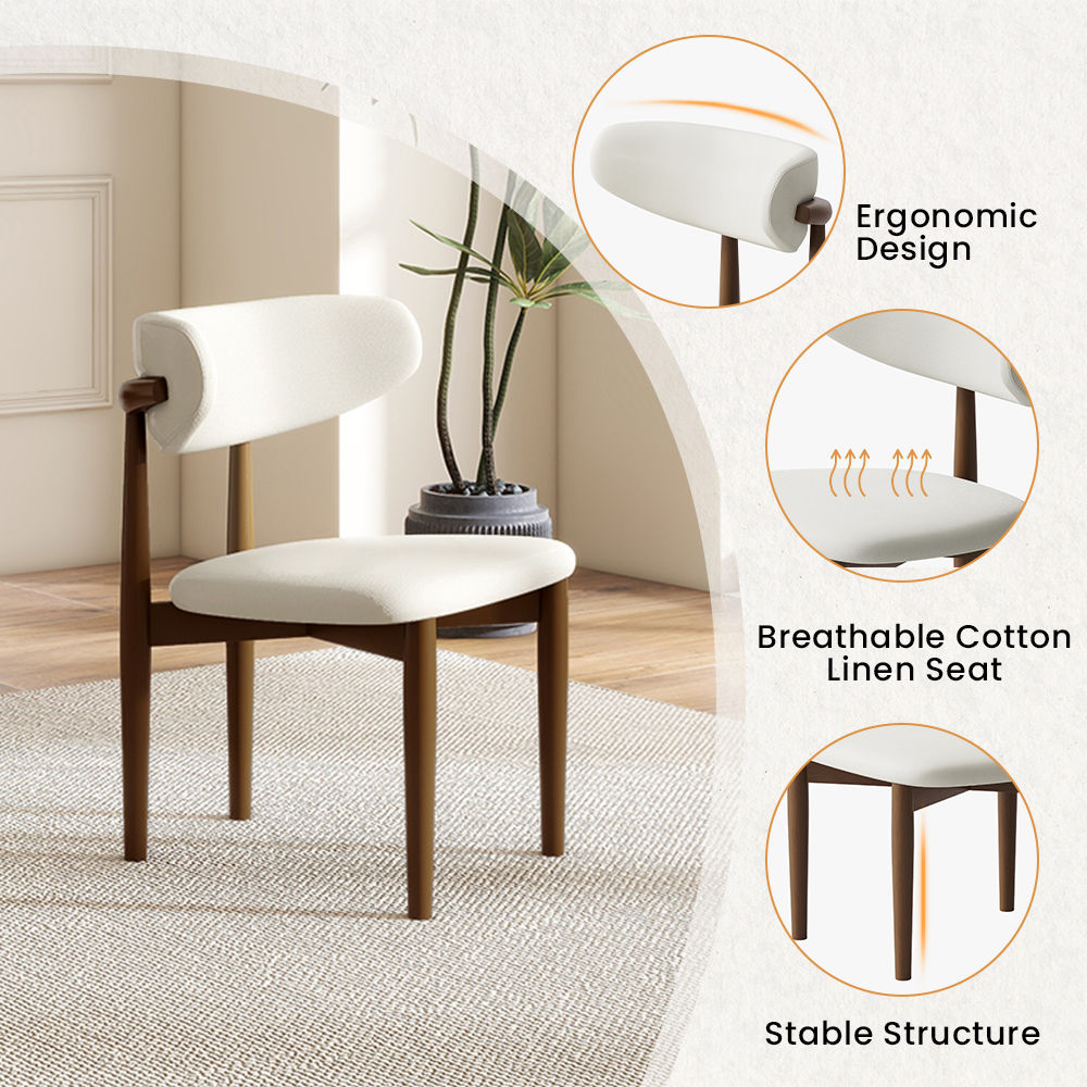 Wood Leg Beige & Walnut Cotton Linen Dining Chairs
