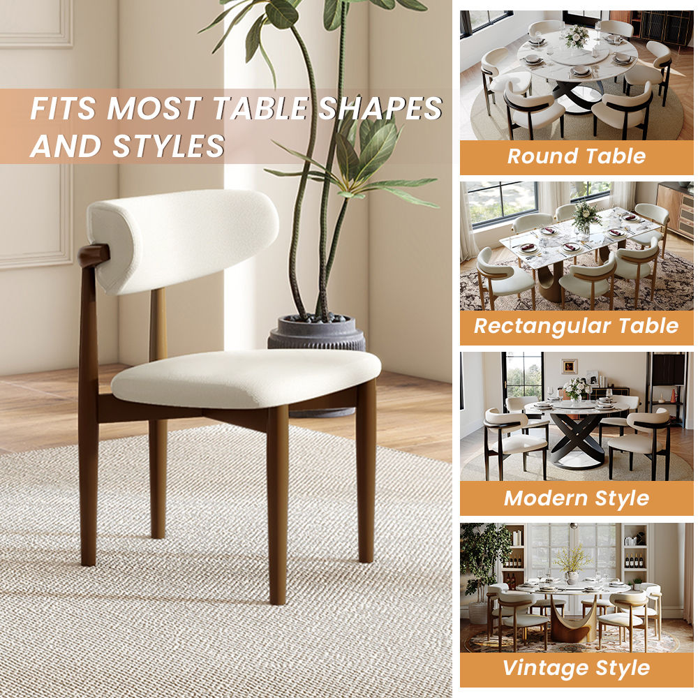 Mid Century Modern Beige & Walnut Cotton Linen Dining Chairs