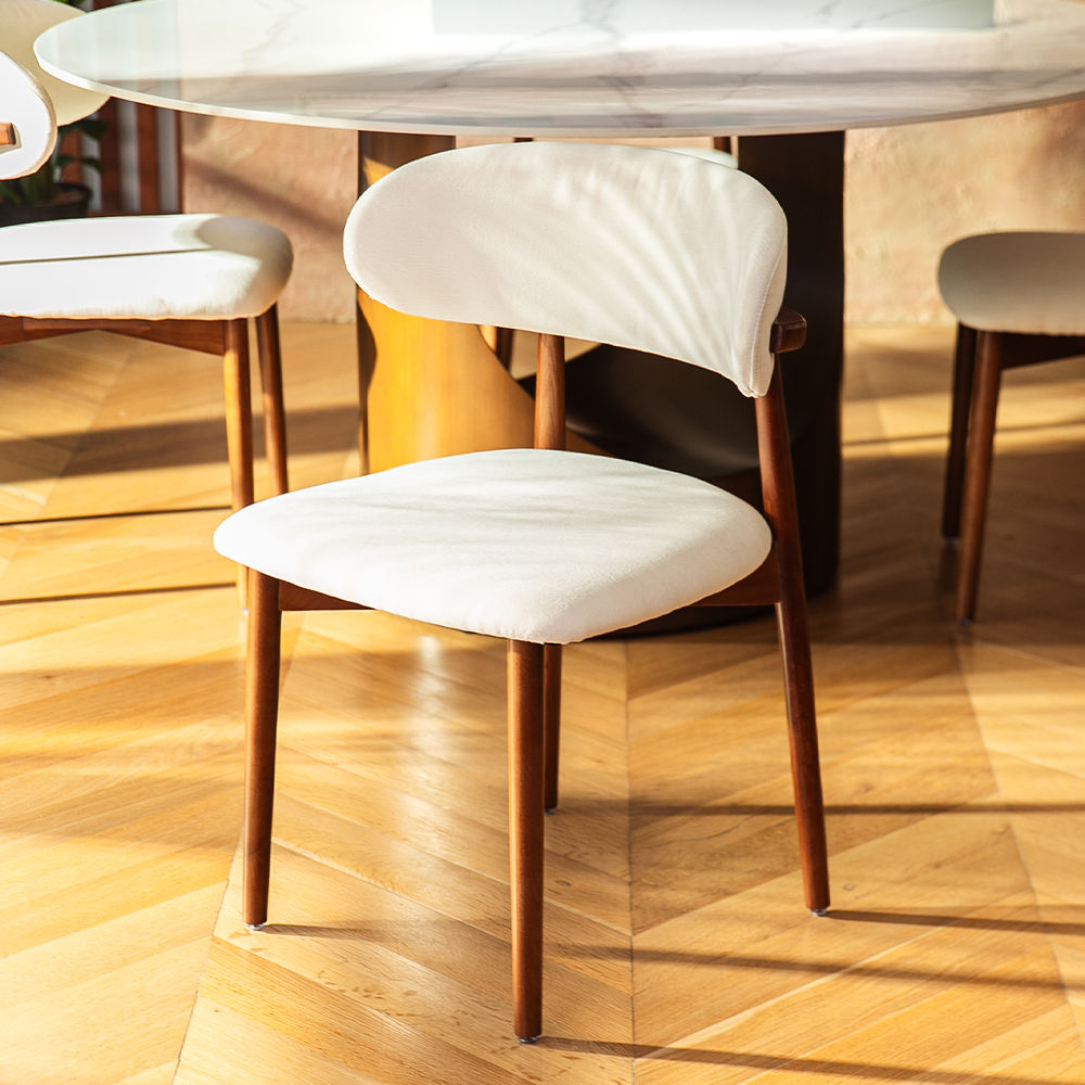 Wood Leg Beige & Walnut Cotton Linen Dining Chairs