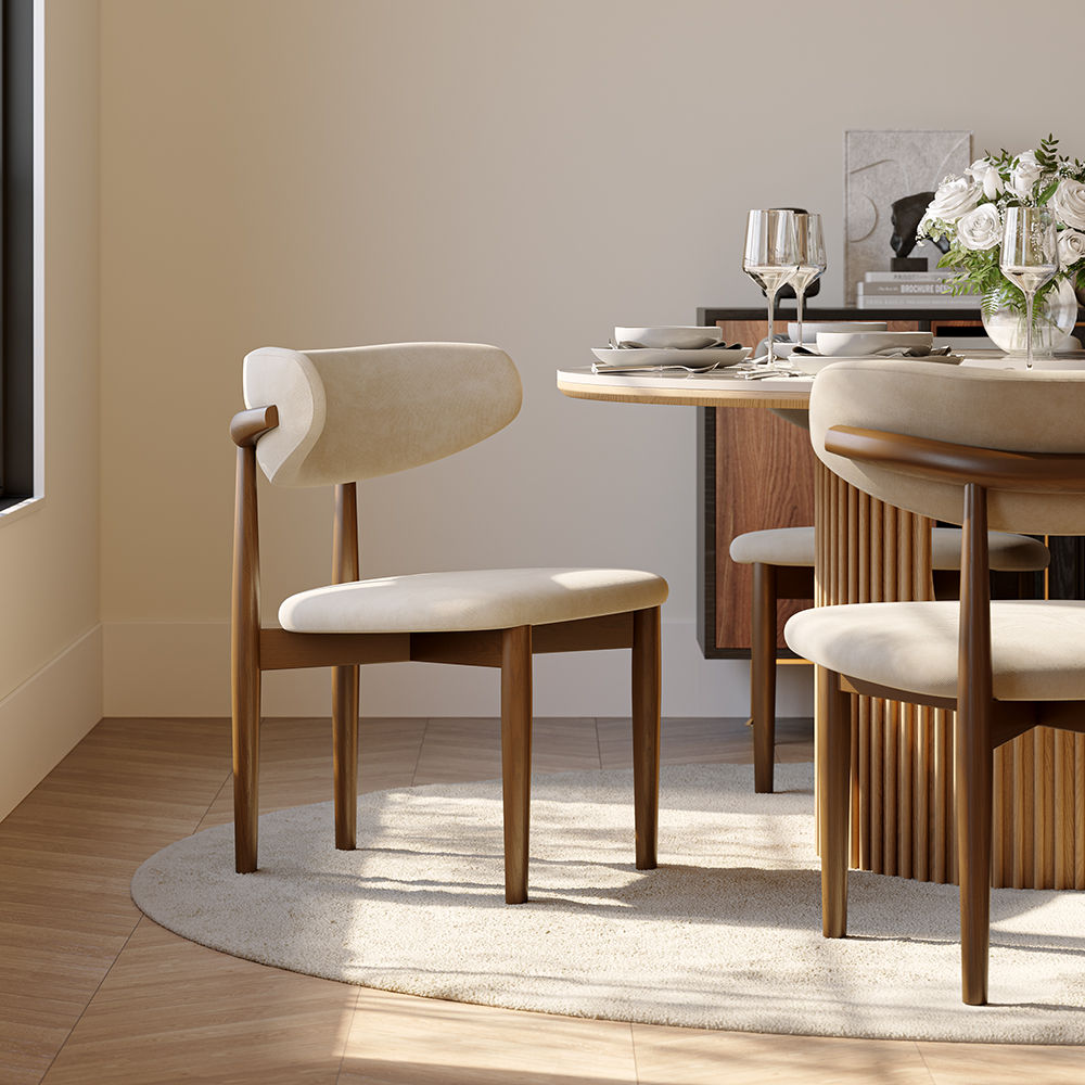 Solid Wood Beige & Walnut Cotton Linen Dining Chairs