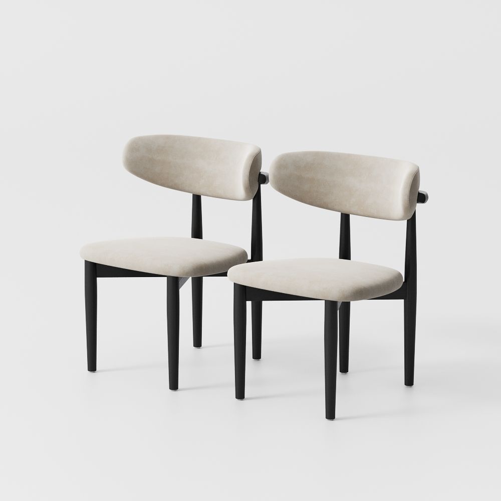 Mid Century Modern Beige & Black Cotton Linen Dining Chairs