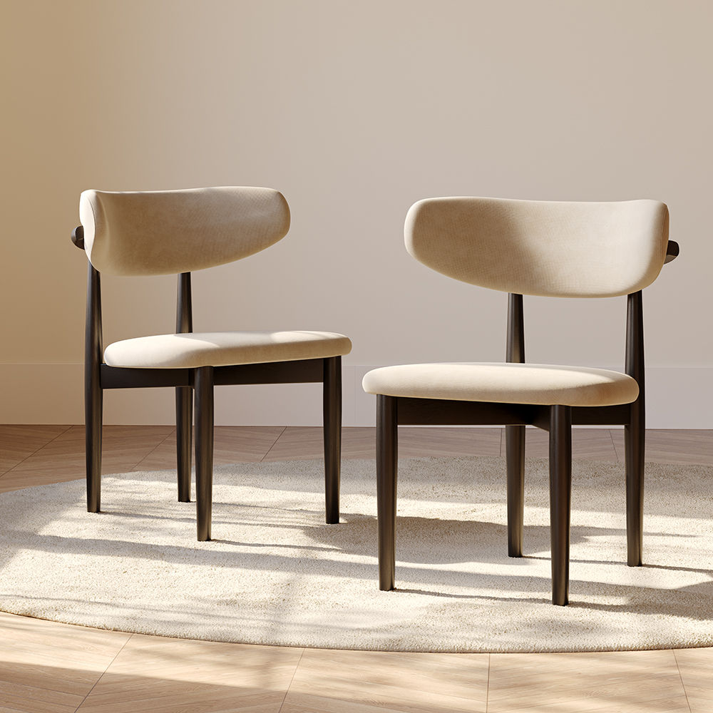 Wood Leg Beige & Black Cotton Linen Dining Chairs