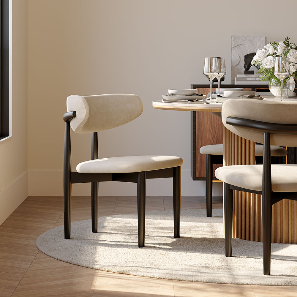 Mid Century Modern Beige & Black Cotton Linen Dining Chairs