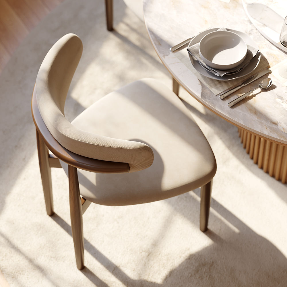 Wood Leg Beige & Walnut Cotton Linen Dining Chairs