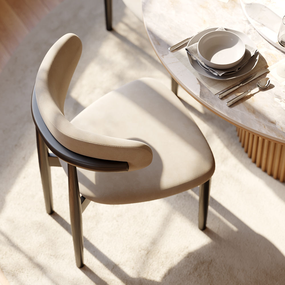 Mid Century Modern Beige & Black Cotton Linen Dining Chairs
