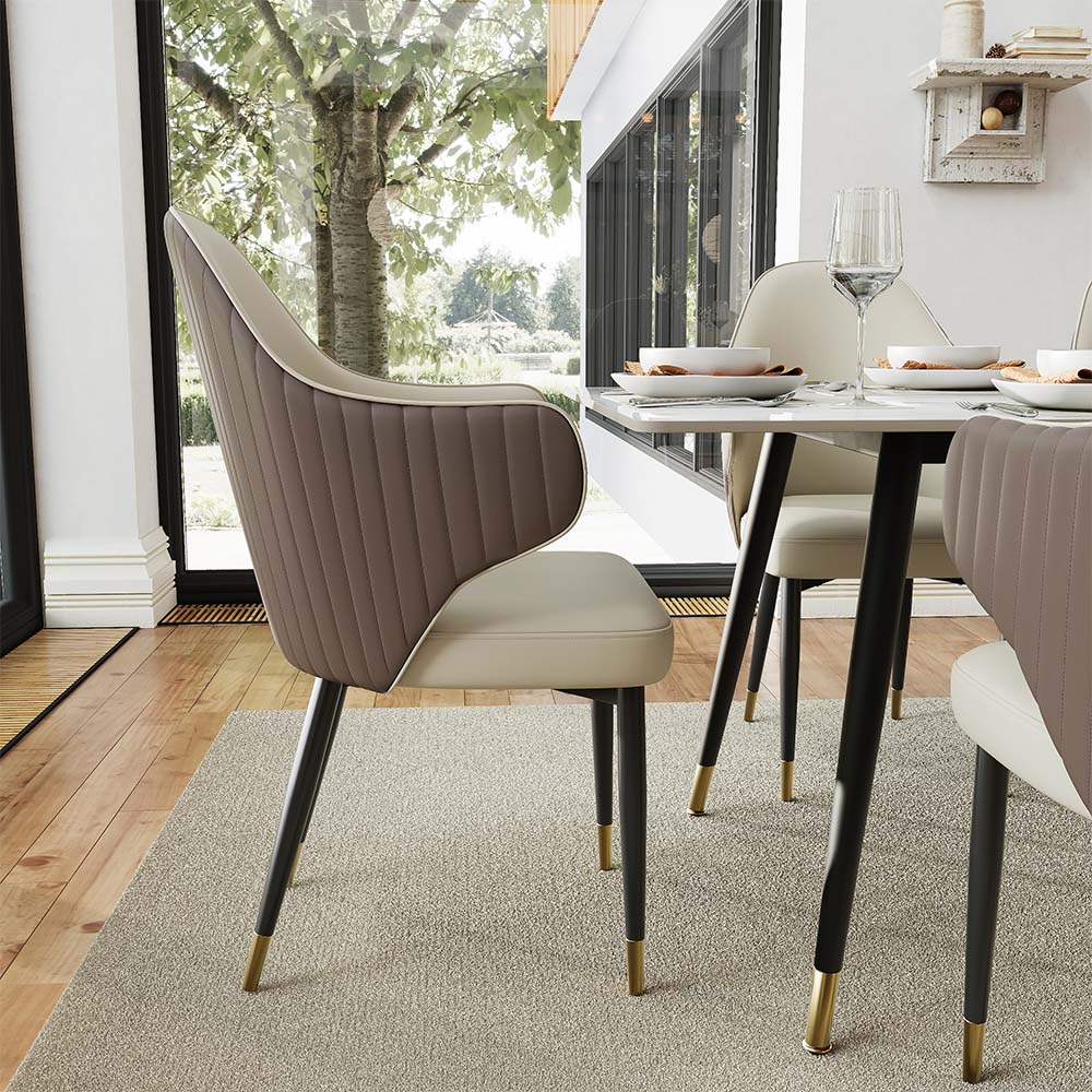 2 Seaters Brown & Beige PU Leather Dining Chairs