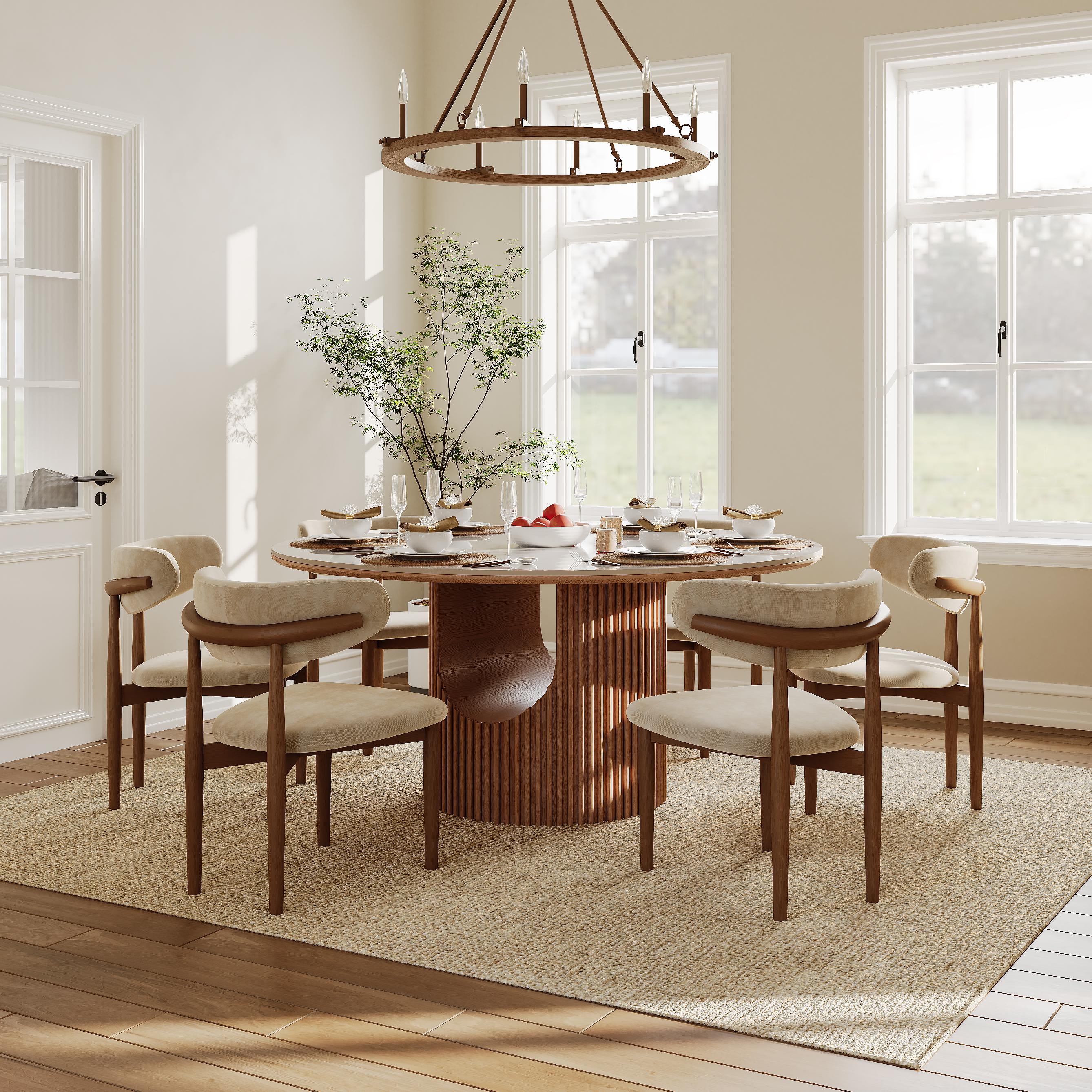 Solid Wood Beige & Walnut Cotton Linen Dining Chairs