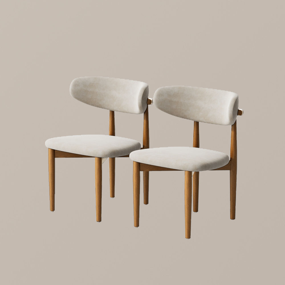 Beige & Light Walnut Cotton Linen Dining Chairs