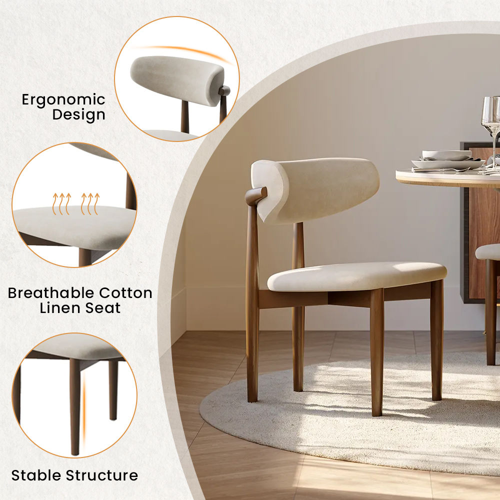 Ash Wood Beige & Walnut Cotton Linen Dining Chairs