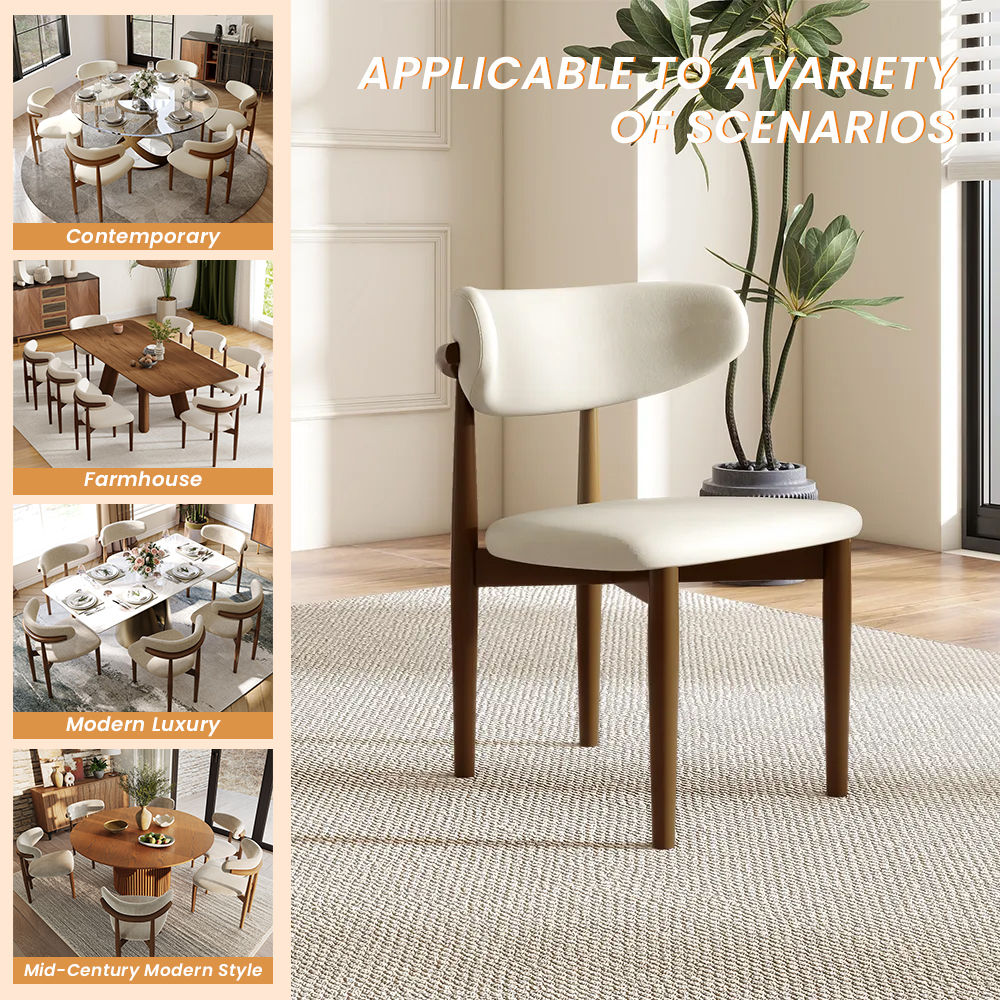 Mid-Century Modern Beige & Walnut Cotton Linen Dining Chairs