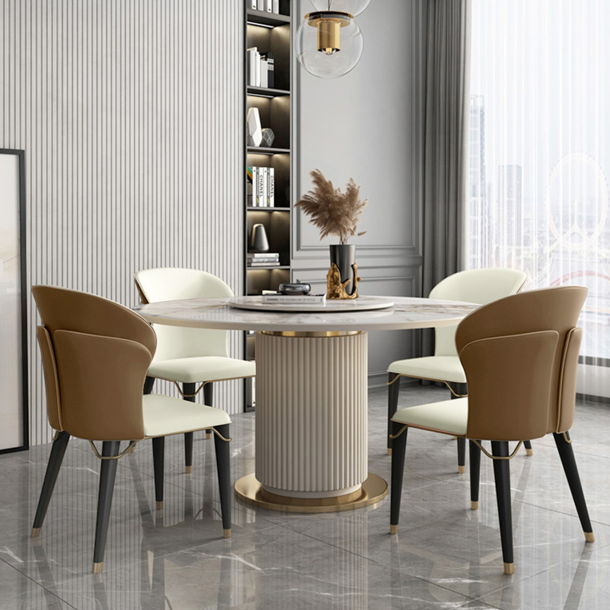 PU Leather Brown & Beige Leather Dining Chairs