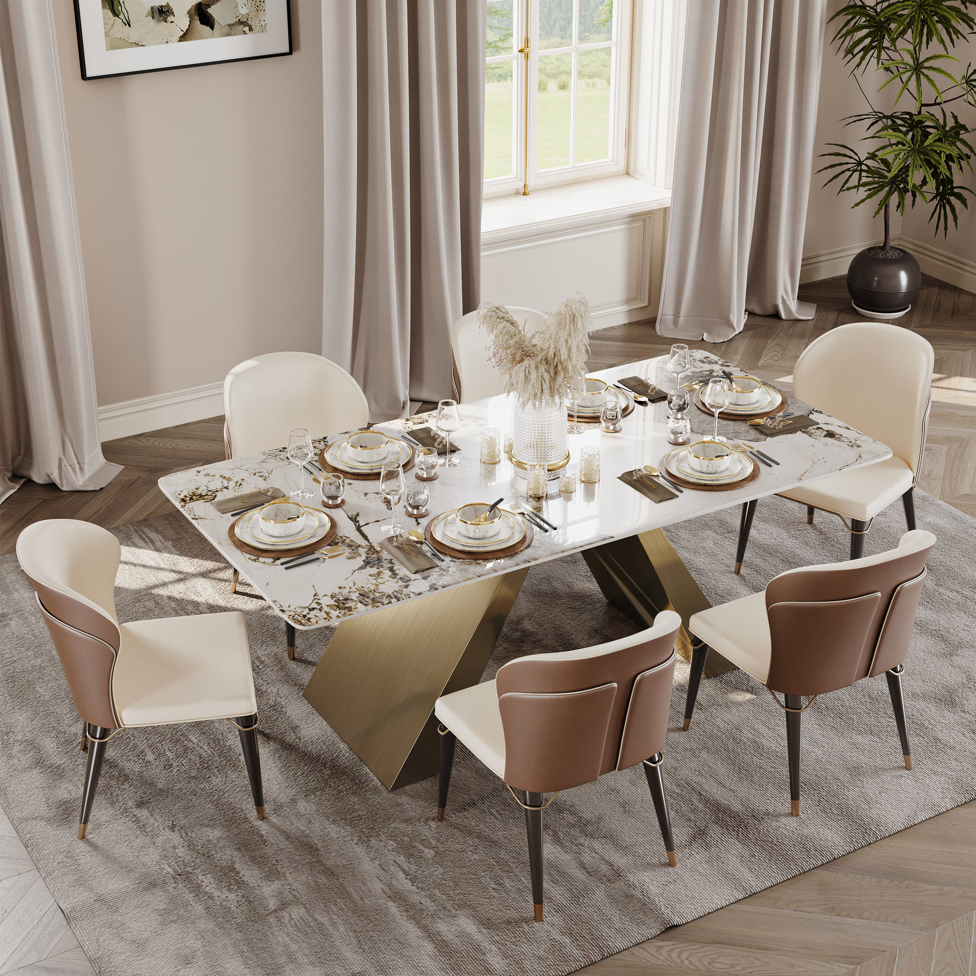 Modern Luxury Brown & Beige Leather Dining Chairs