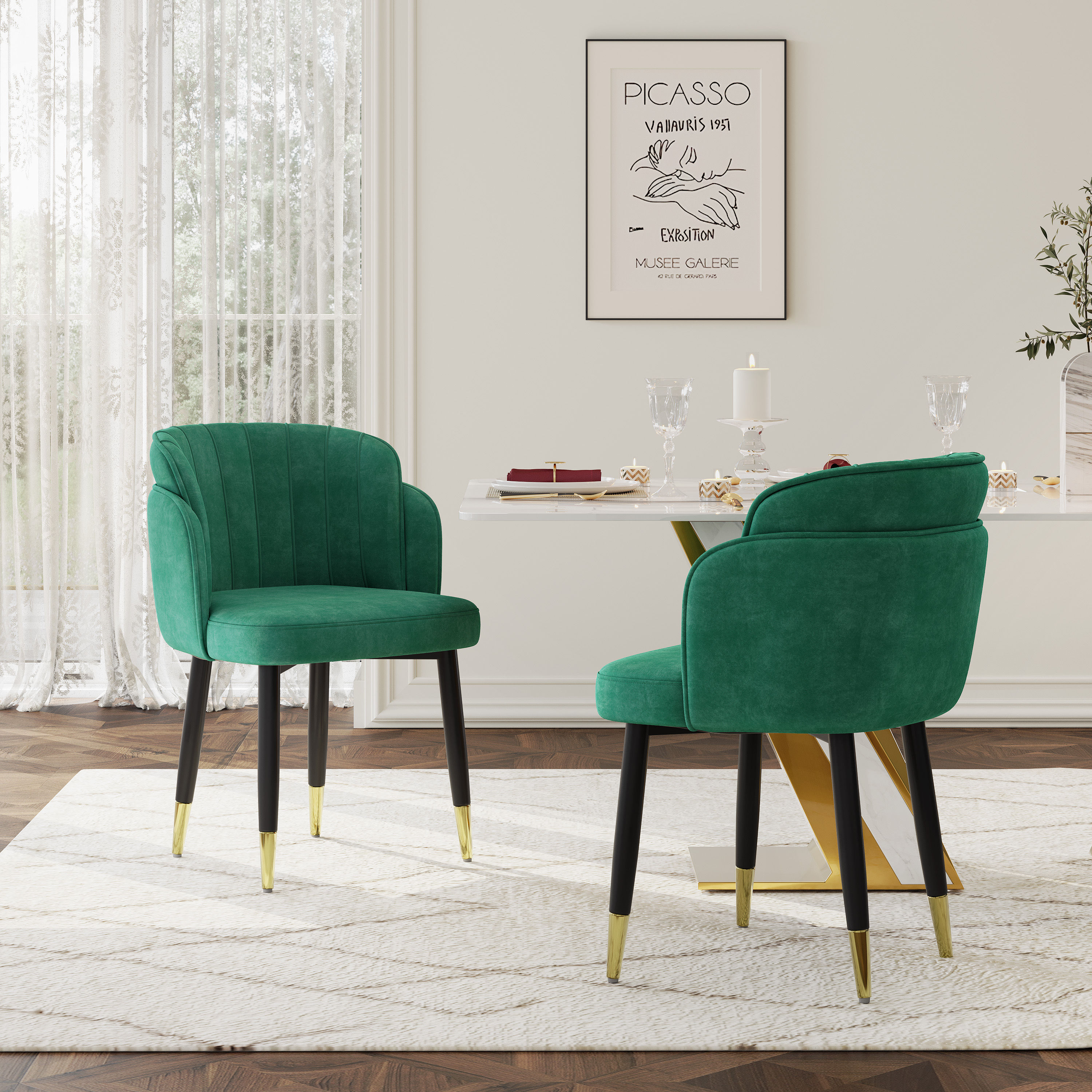 Modern Luxury Deep Green & Black Fabric & Solid Wood Dining Chairs