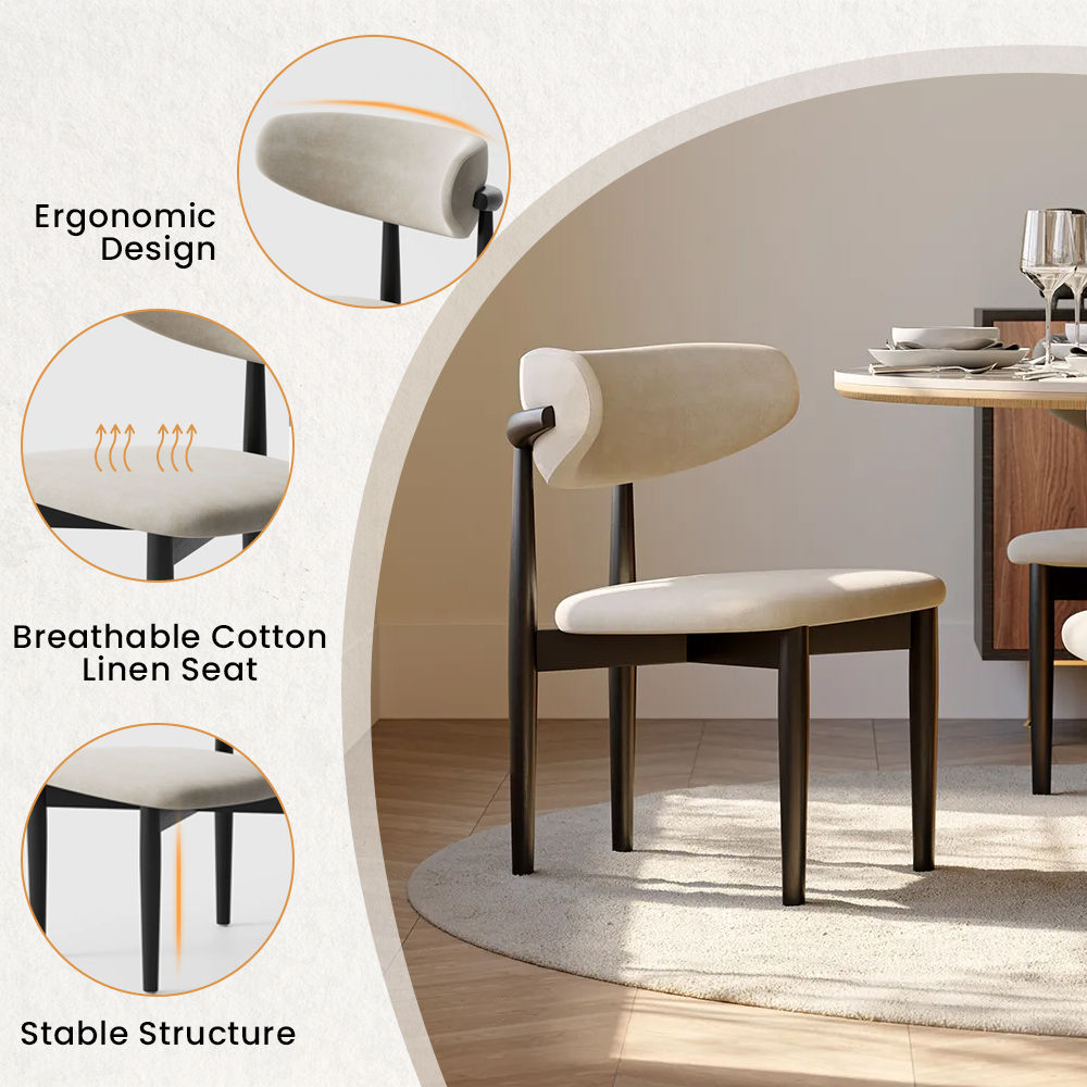 Ash Wood Beige & Black Cotton Linen Dining Chairs