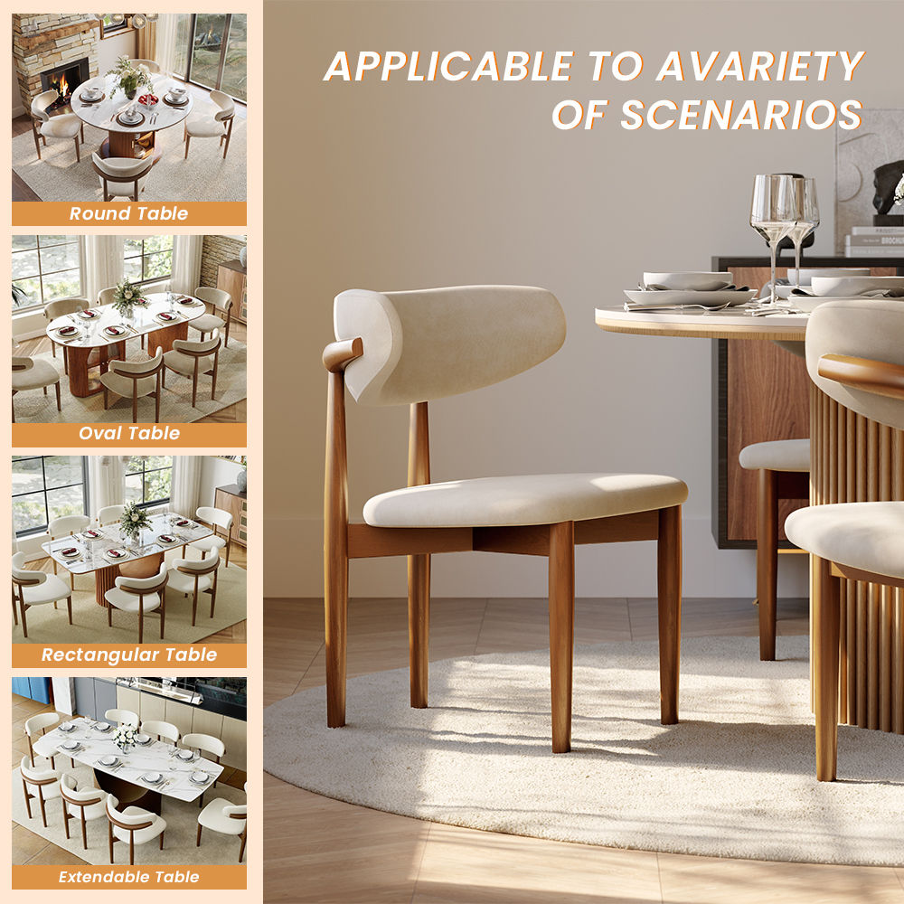 Wood Leg Beige & Light Walnut Cotton Linen Dining Chairs