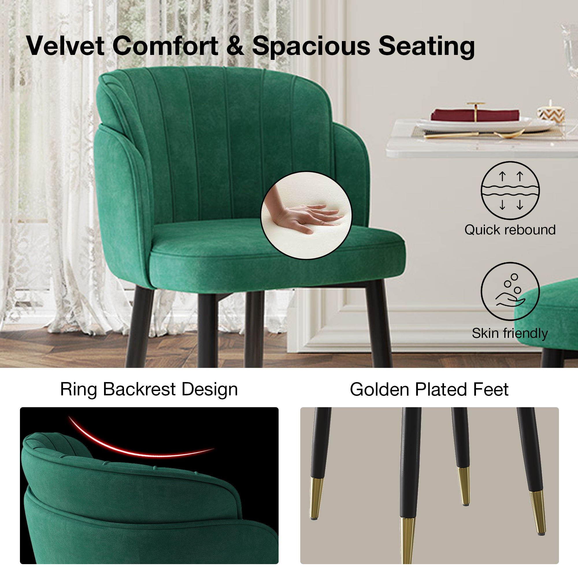 Solid Wood Deep Green & Black Fabric & Solid Wood Dining Chairs