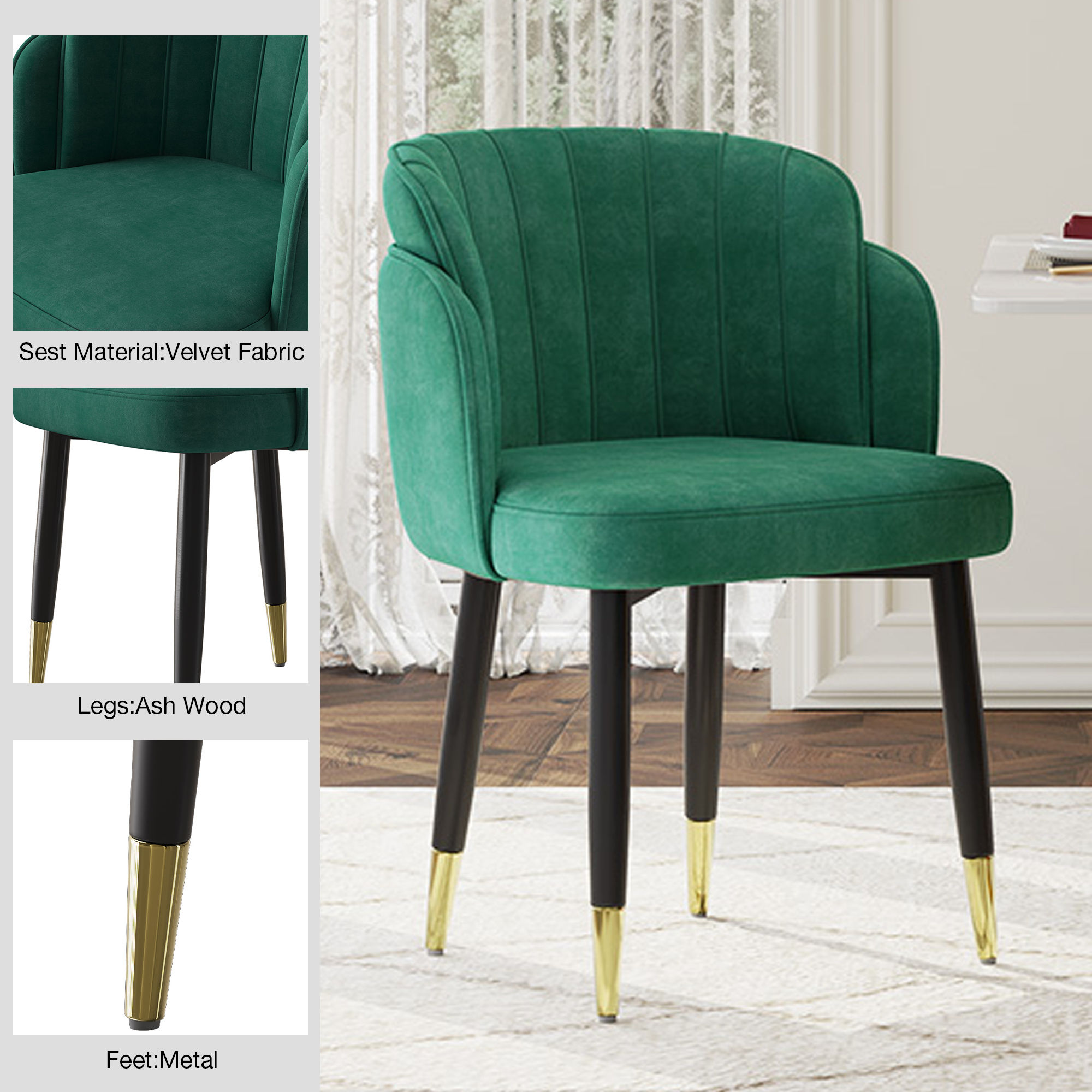 Solid Wood Deep Green & Black Fabric & Solid Wood Dining Chairs