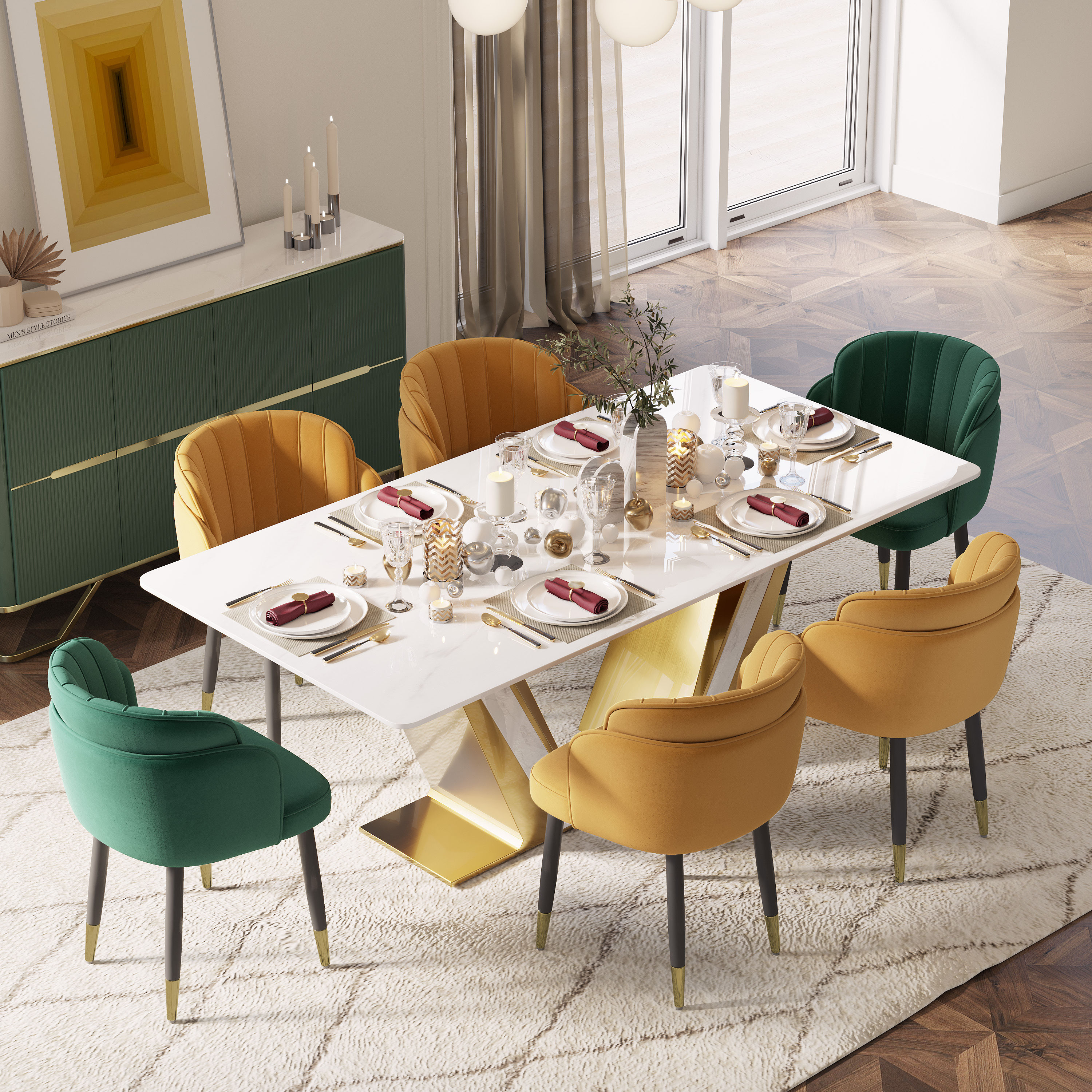 Solid Wood Leg Deep Green & Black Fabric & Solid Wood Dining Chairs