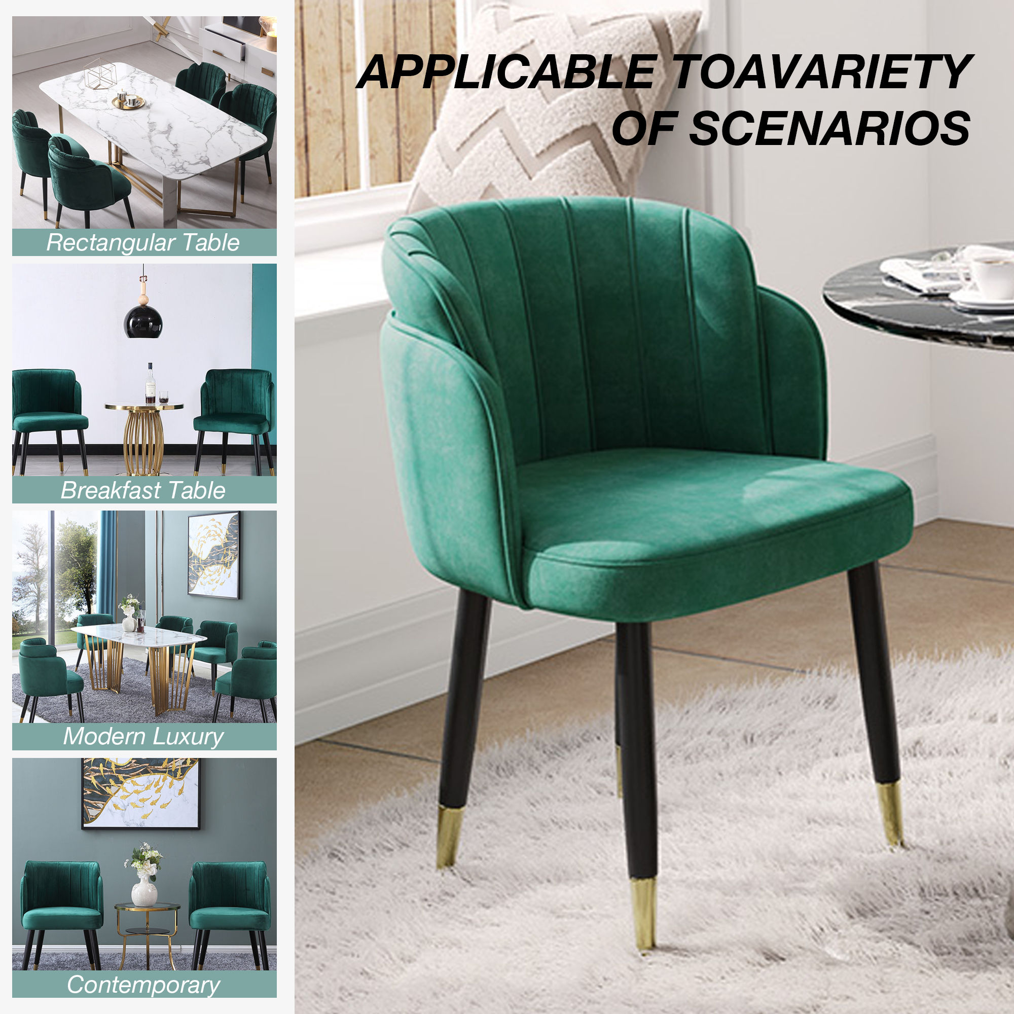 Solid Wood Leg Deep Green & Black Fabric & Solid Wood Dining Chairs